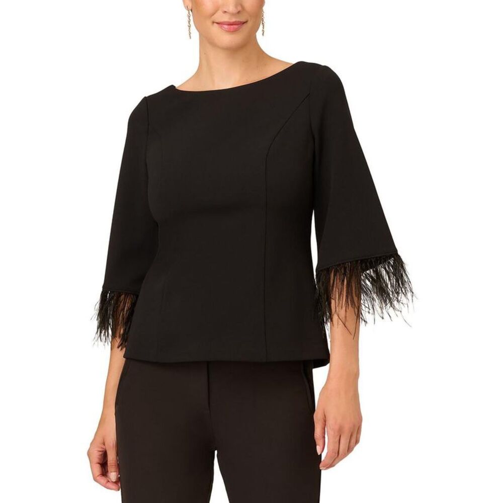 Adrianna Papell Womens Black Feathers V-Back Blouse Top NWOT